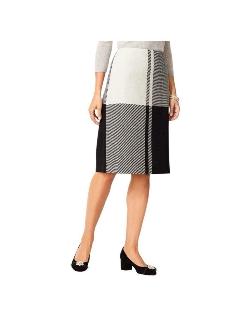 TALBOTS Colorblock Twill Wool Blend Pencil Skirt Black Off White Side Zip EC 12P